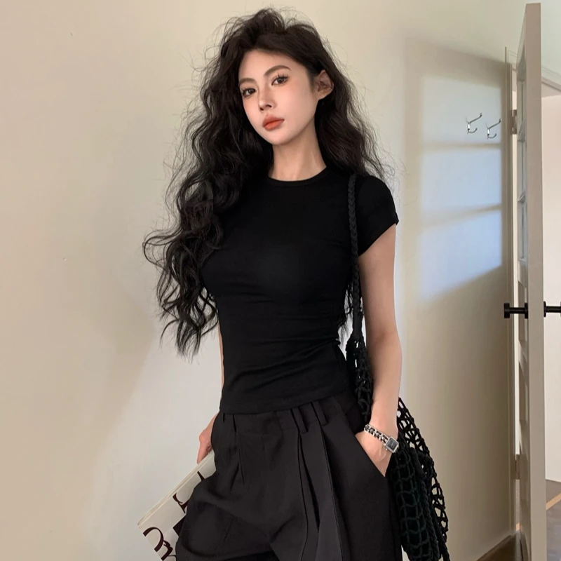 夏季新百搭显瘦修身纯色圆领短袖女打底T恤内搭正肩辣妹黑色上衣