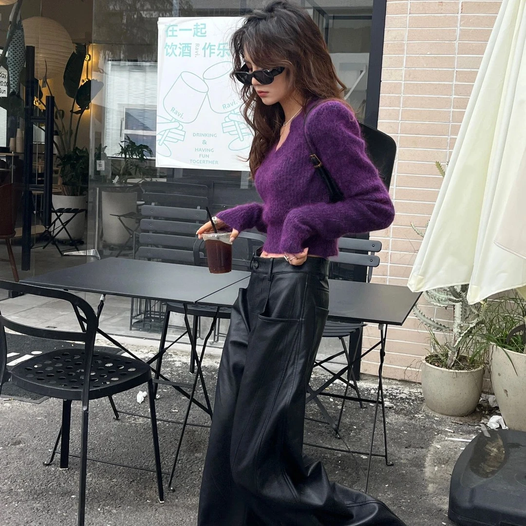 V领紫色短款上衣法式高级感慵懒风针织衫套头毛衣女春季2025新款