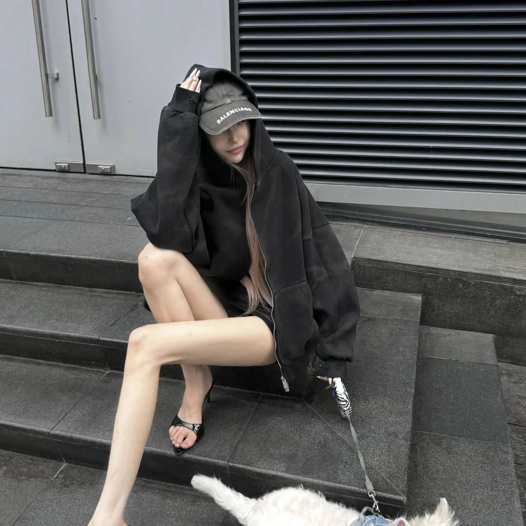慵懒风宽松连帽卫衣外套女秋冬季2024新款设计感小众气质外搭上衣