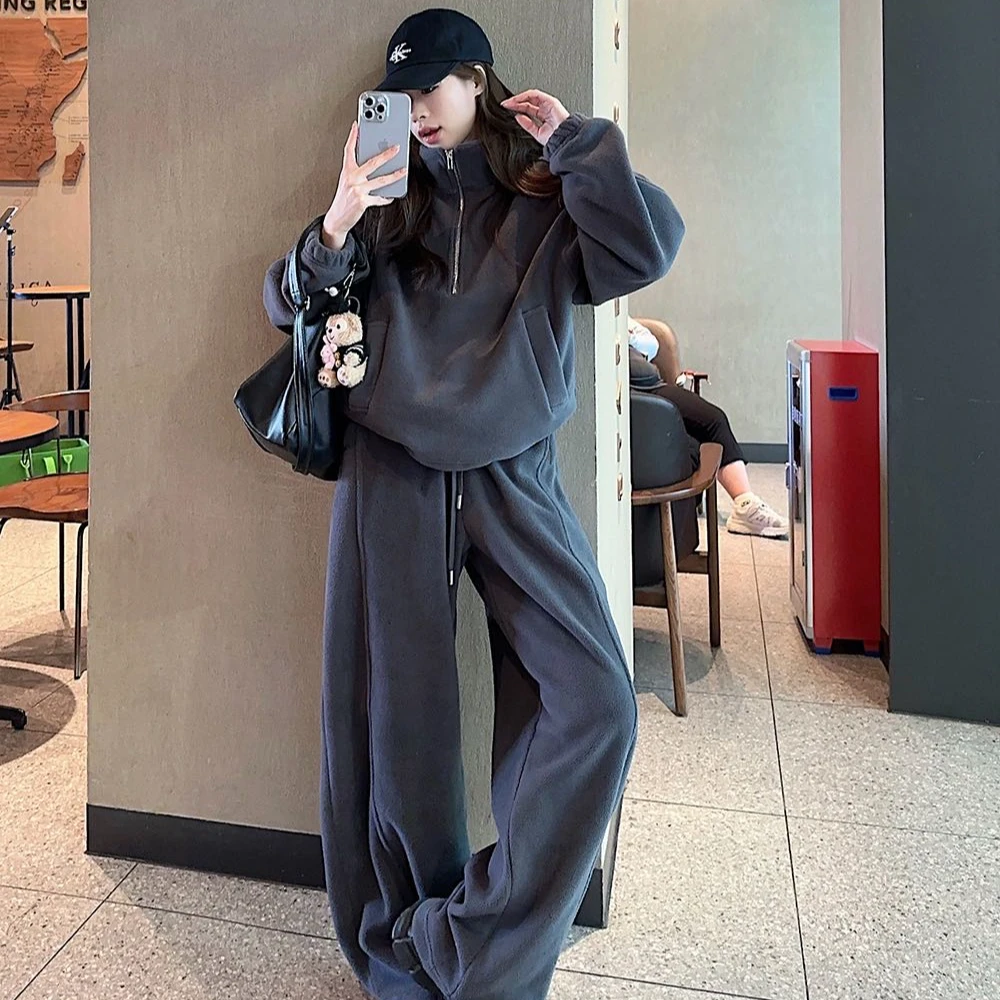 慵懒松弛感套装复古长袖套头卫衣女冬季2024新款休闲阔腿裤两件套