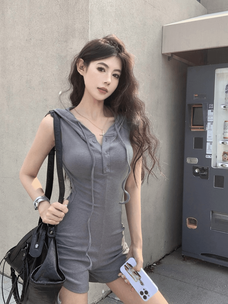 美式辣妹黑色沙丘废土风连体裤女夏季小个子修身显瘦性感露背短裤