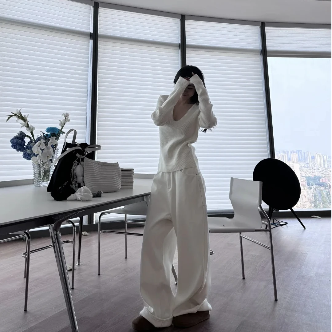 2025春季新款卷边坑条U领纯色打底针织衫休闲百搭显瘦长袖上衣