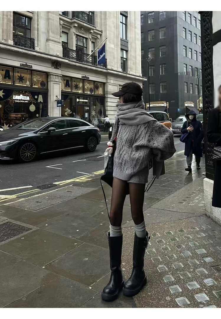 慵懒风宽松长袖针织上衣毛衣套装女秋季坑条设计显瘦时尚两件套