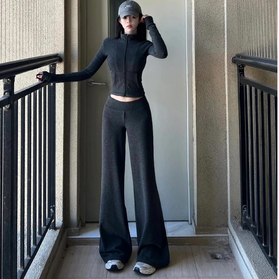 休闲运动套装灰色修身拉链短款卫衣外套女春季季微喇叭长裤两件套