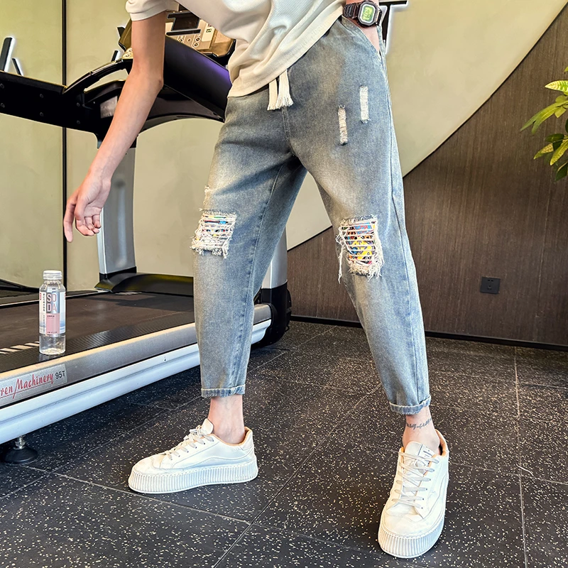 仓石一树破洞牛仔裤男款休闲乞丐裤痞帅气夏季九分裤薄款时尚男裤