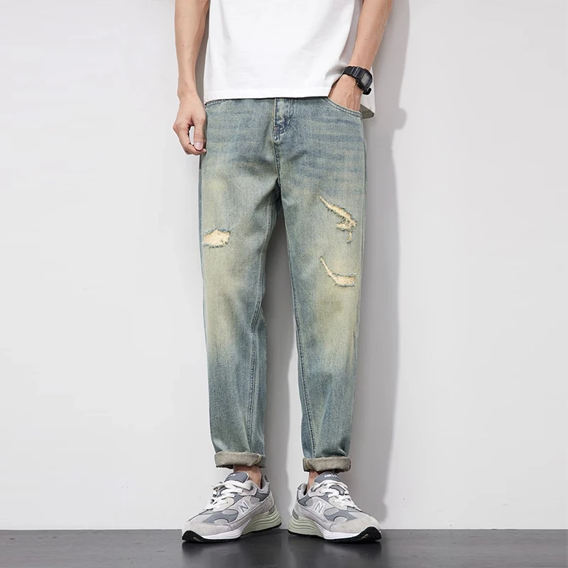 仓石一树男士宽松牛仔小脚裤夏季破洞潮流时尚九分裤锥形哈伦长裤
