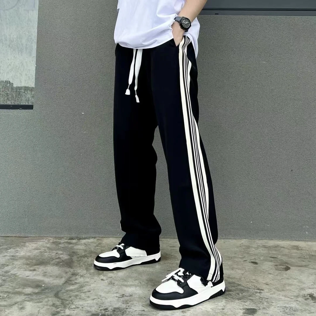 仓石一树时尚夏季潮牌运动直筒裤潮流男士高街侧边条纹宽松休闲裤