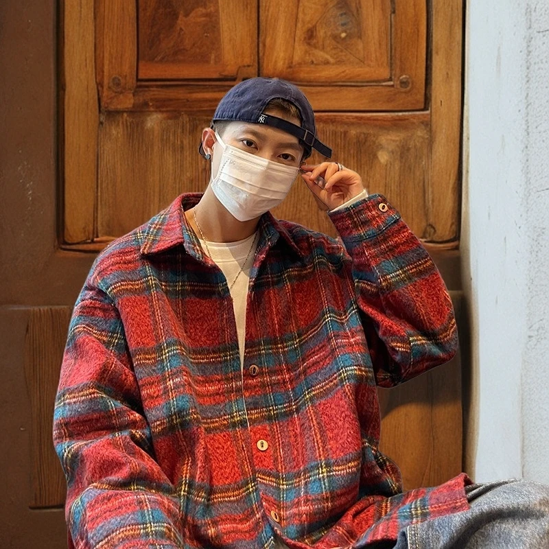 仓石一树红色休闲格子衬衫男士港风长袖衬衣春秋复古工装百搭外套