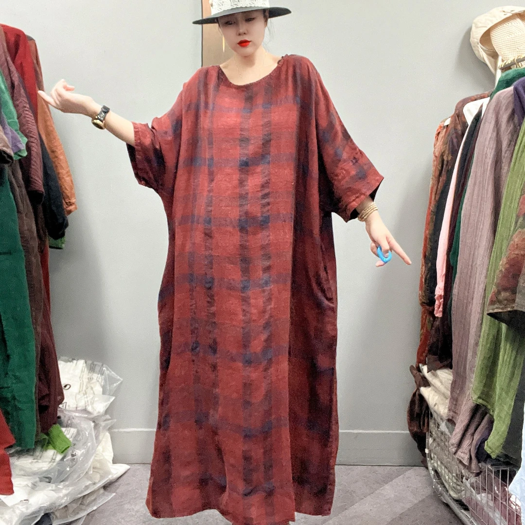 亚麻炒色包边宽松连衣裙