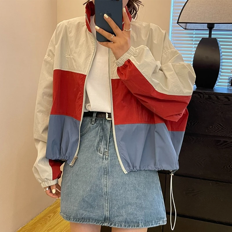 2023时尚百搭外套女春季新款欧货洋气立领拼色下摆抽绳宽松冲锋衣