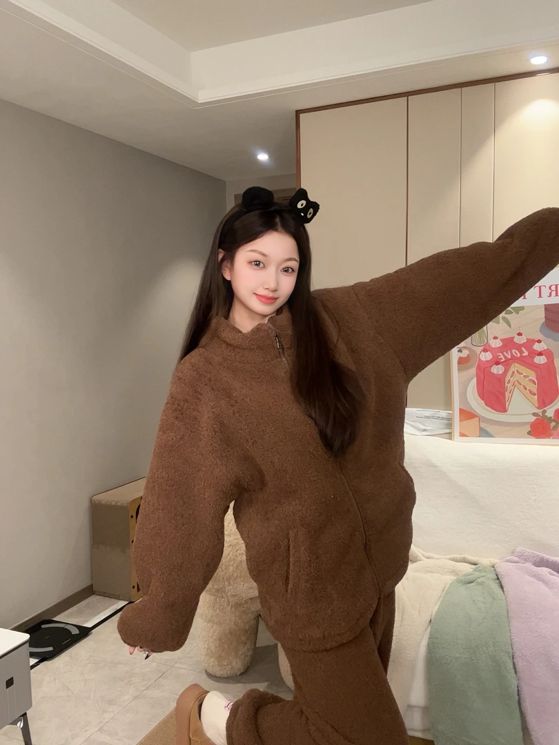 外穿软糯云朵绒熊猫绒加绒加加厚立领保暖休闲宽松家居服睡衣套装