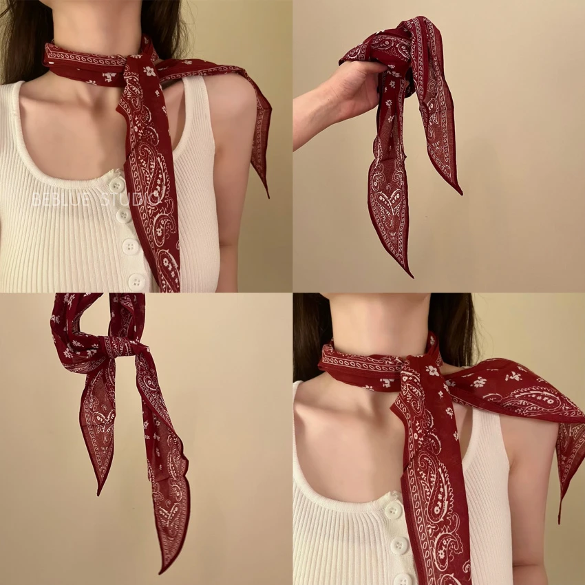 复古安可拉红色腰果花低马尾绑发飘带丝巾女款高级感时尚菱形领巾