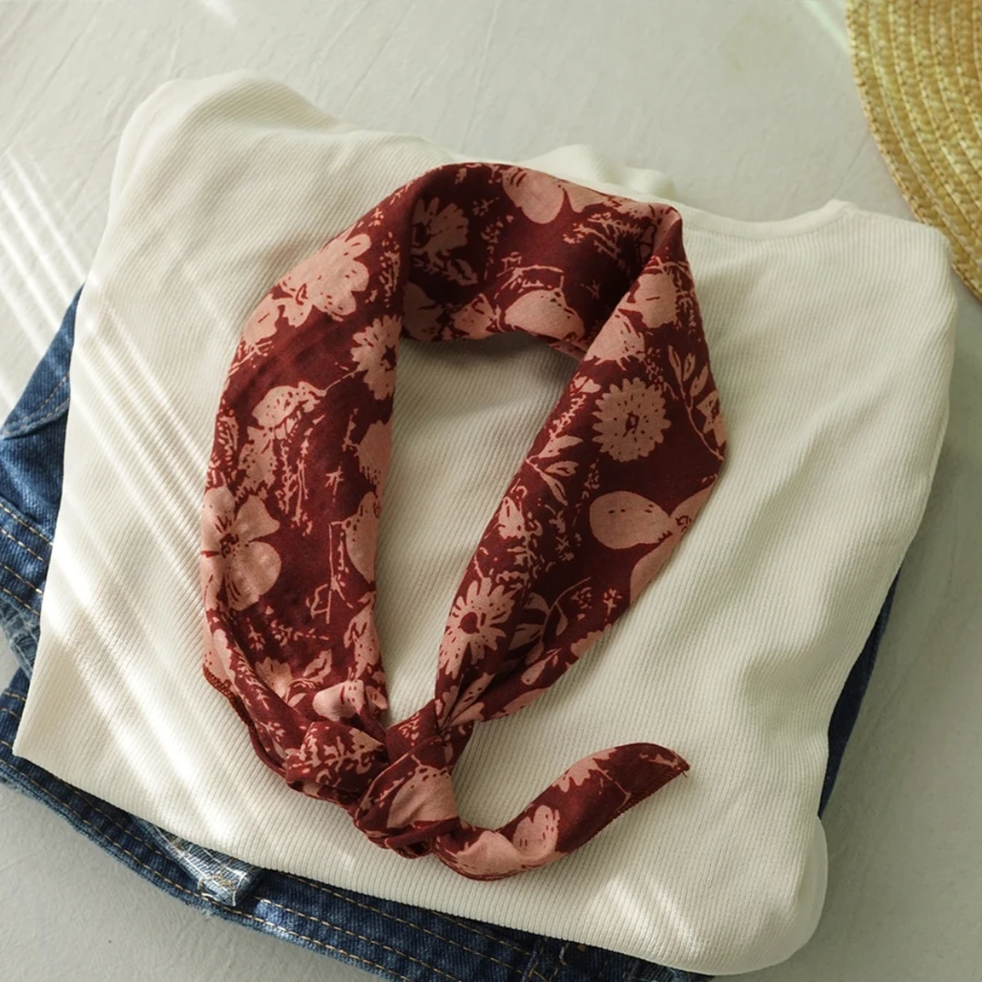 安可拉红复古碎花印花气质方巾时尚优雅百搭护颈丝巾领巾春秋头巾