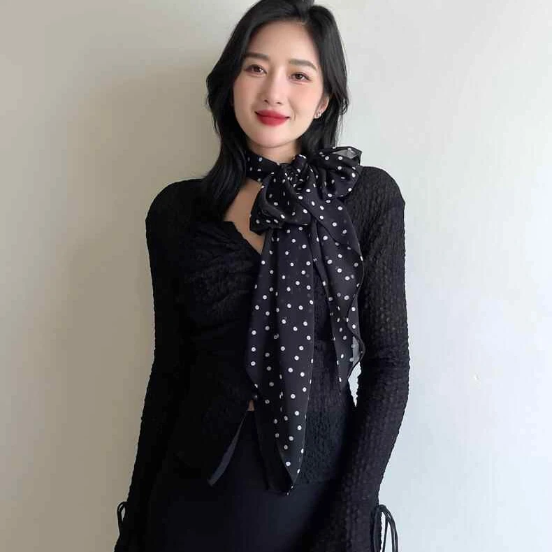 甜美复古小波点雪纺丝巾女细窄薄款装饰长条围巾时尚百搭领巾飘带