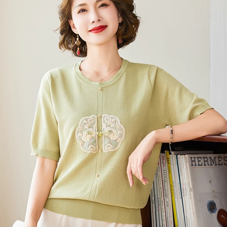 2024新款妈妈夏装洋气短袖T恤小衫中老年国风夏季套装母亲节衣服