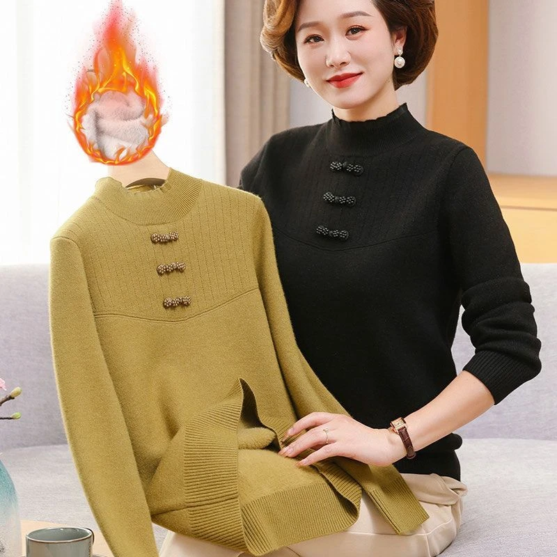 妈妈冬装针织打底衫半高领一体绒冬季中老年女宽松洋气加绒保暖衣