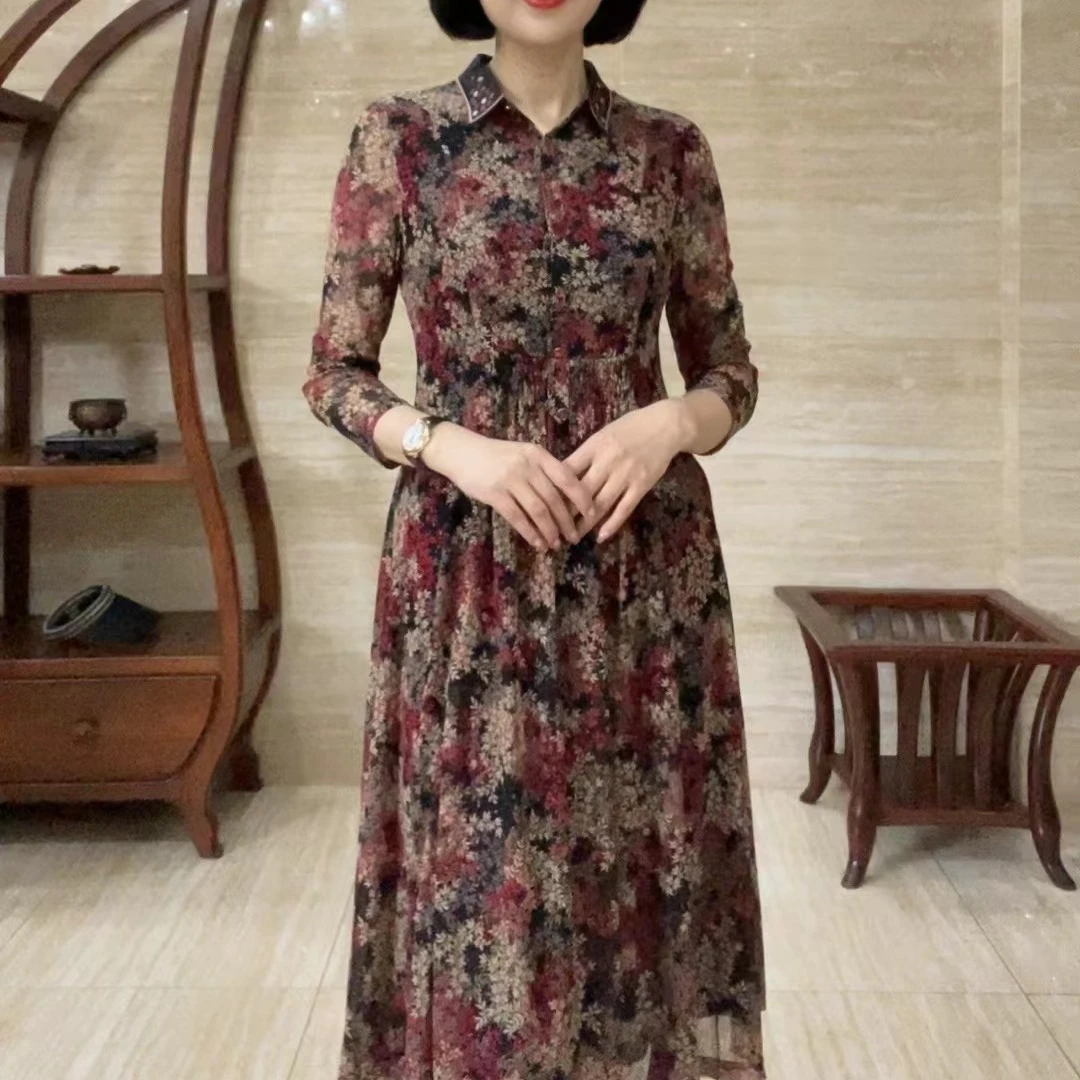 货号:118夏透气纱修身遮肚碎花过膝A版女连衣裙 气质洋气大码