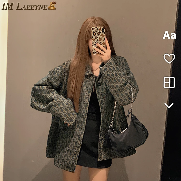 春秋新款满印提花牛仔外套女甜酷辣妹风复古慵懒感小众中长款衬衫