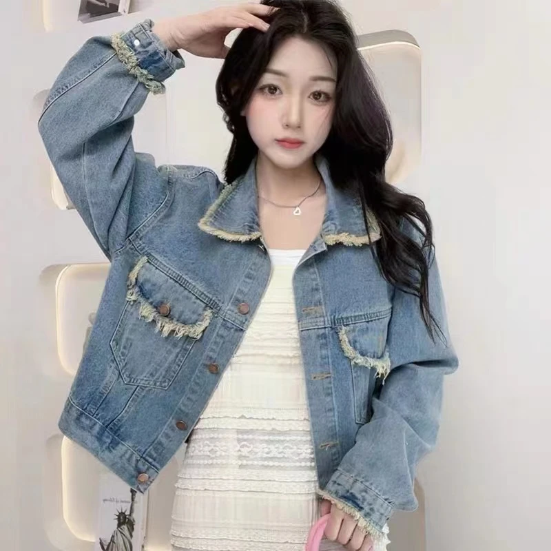 美式毛边短款牛仔外套女春秋季小个子小众设计感港风复古chic上衣