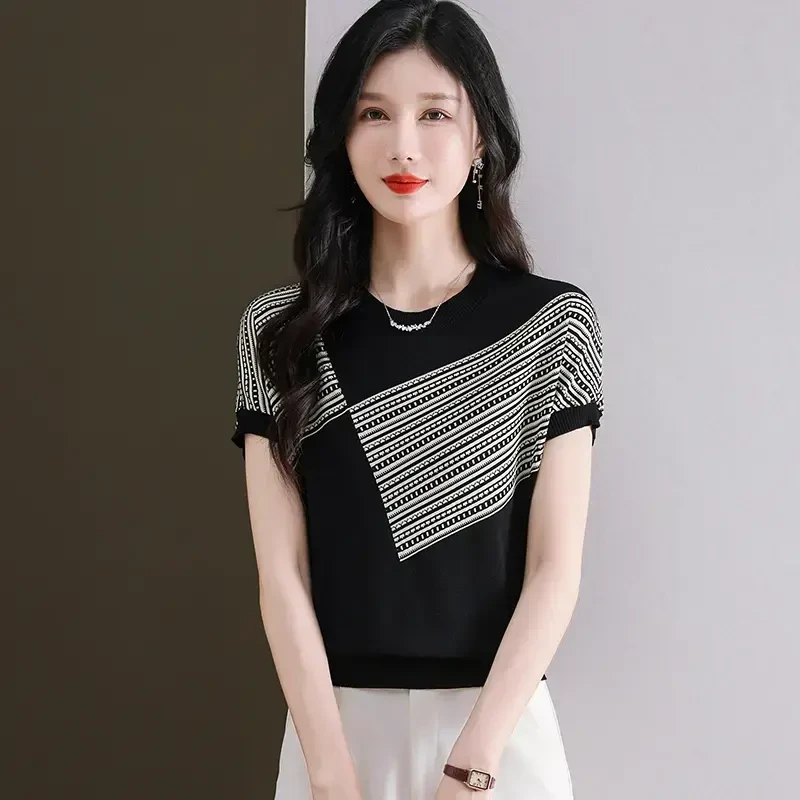 清凉夏季新款女士圆领时尚百搭薄款半袖拼色休闲显瘦气质宽松上衣