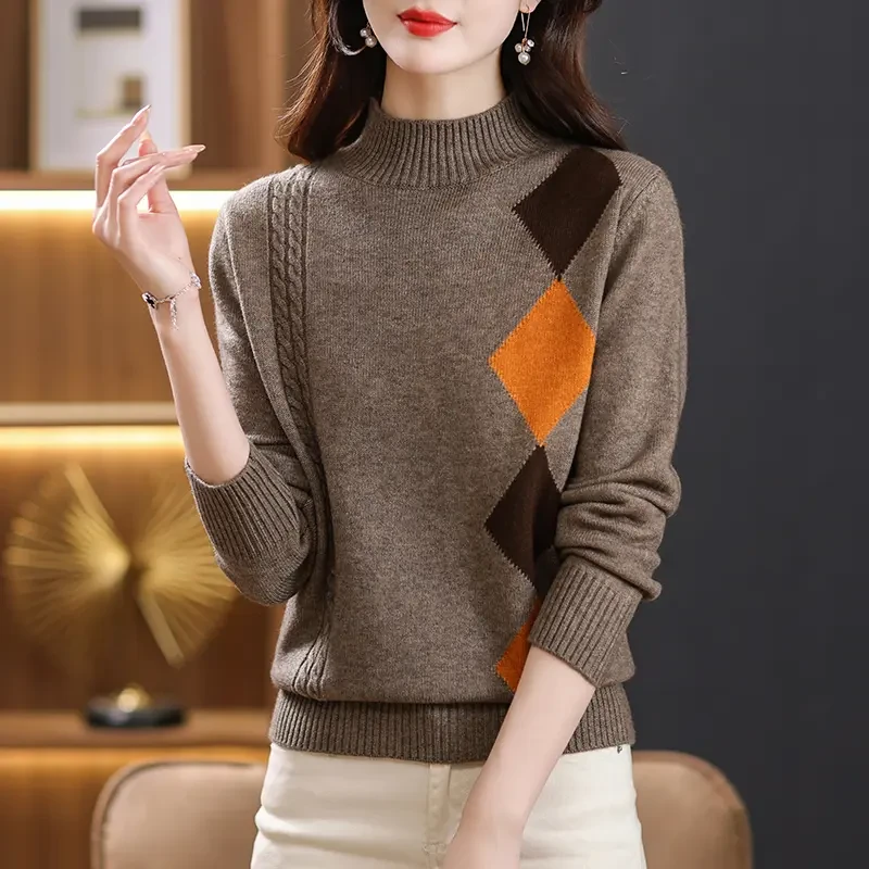 2024年秋冬新款拼色针织衫半高领时尚洋气宽松显瘦款套头百搭毛衣