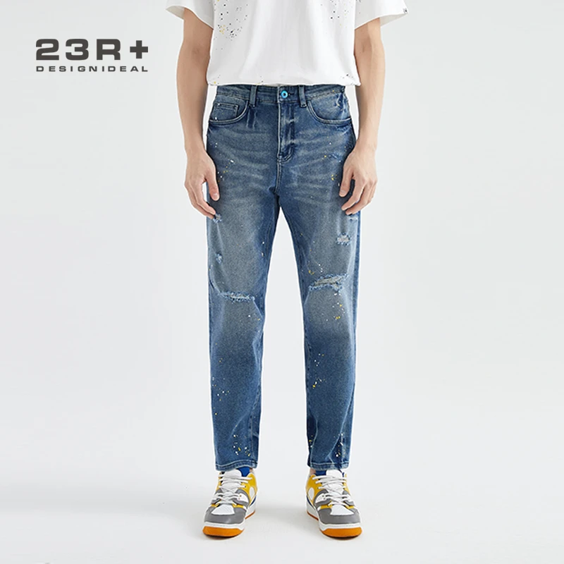 23R+春夏阔版破洞泼墨设计九分牛仔裤 RM2223123时尚百搭男士休闲