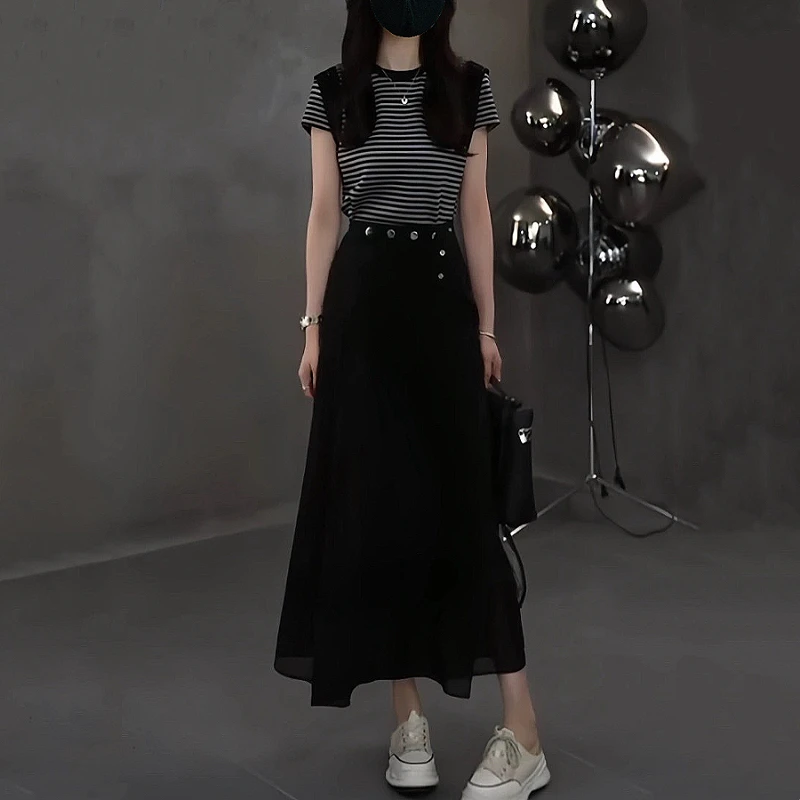条纹连衣裙套装显瘦气质时尚夏季拼接短袖高腰黑色法式收腰中长款