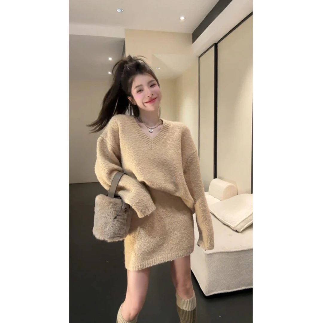 HuiHui韩系两件套毛衣针织衫慵懒包臀短裙上衣套装两件套2024秋冬