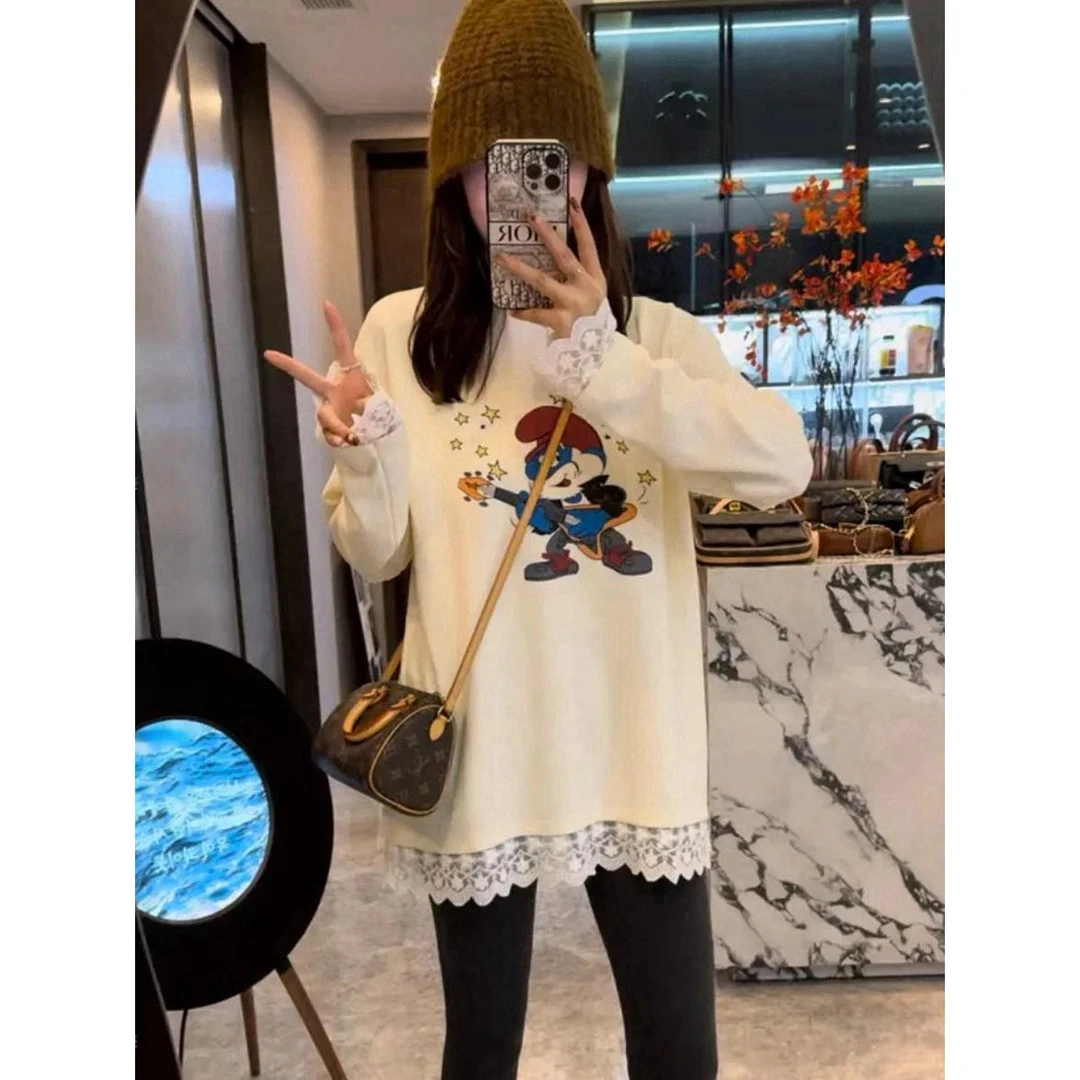 【小矮人】秋冬磨毛绒加厚印花长袖T宽松设计感蕾丝拼接假两件上衣