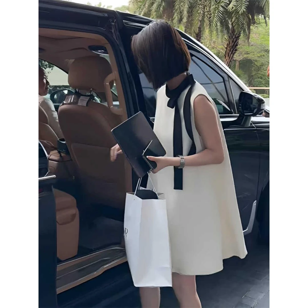小香风系带蝴蝶结无袖连衣裙2024夏新款小个子中长款A字裙子短裙