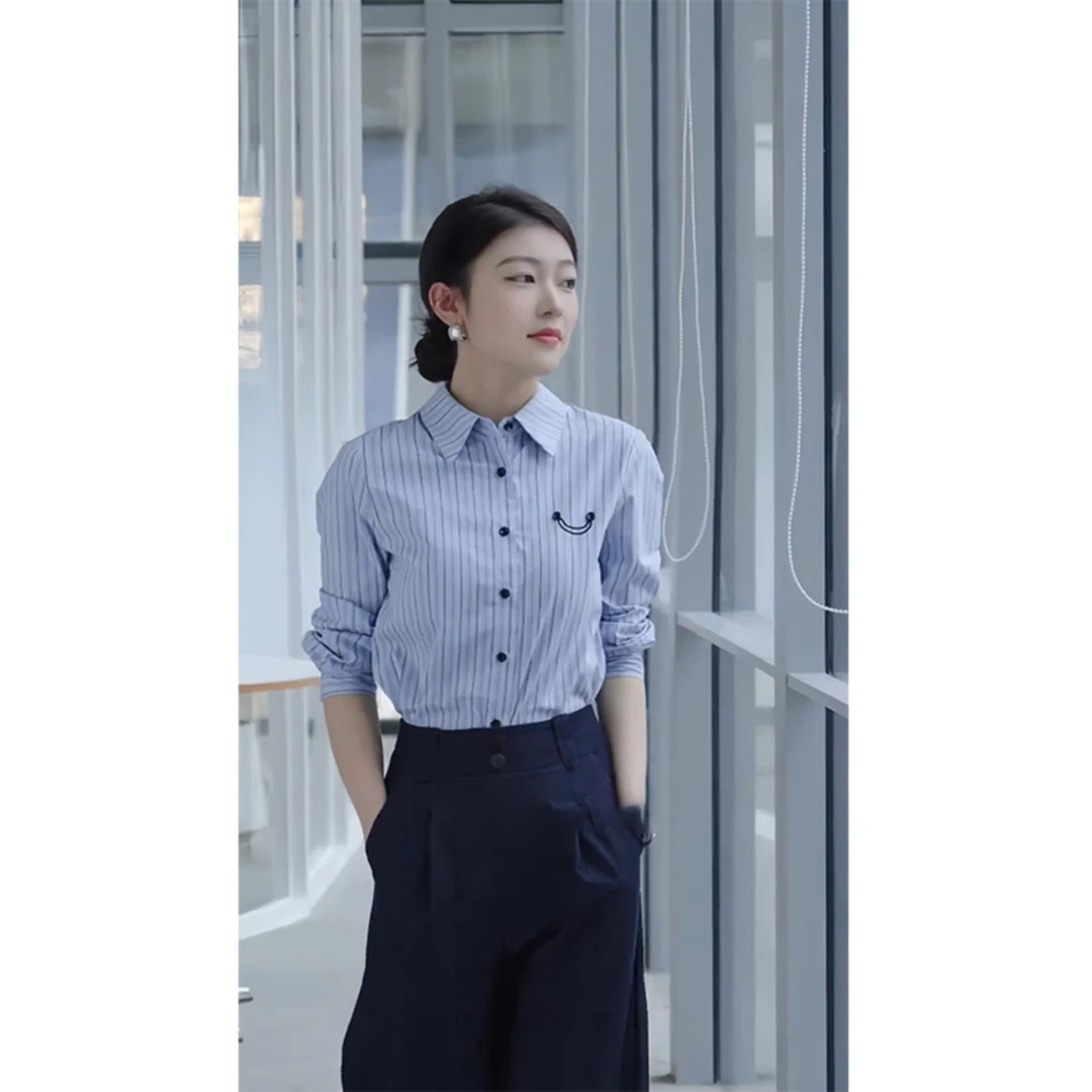 初秋条纹衬衫2024秋季新款春秋小衫早秋衬衣短款长袖上衣女装秋装