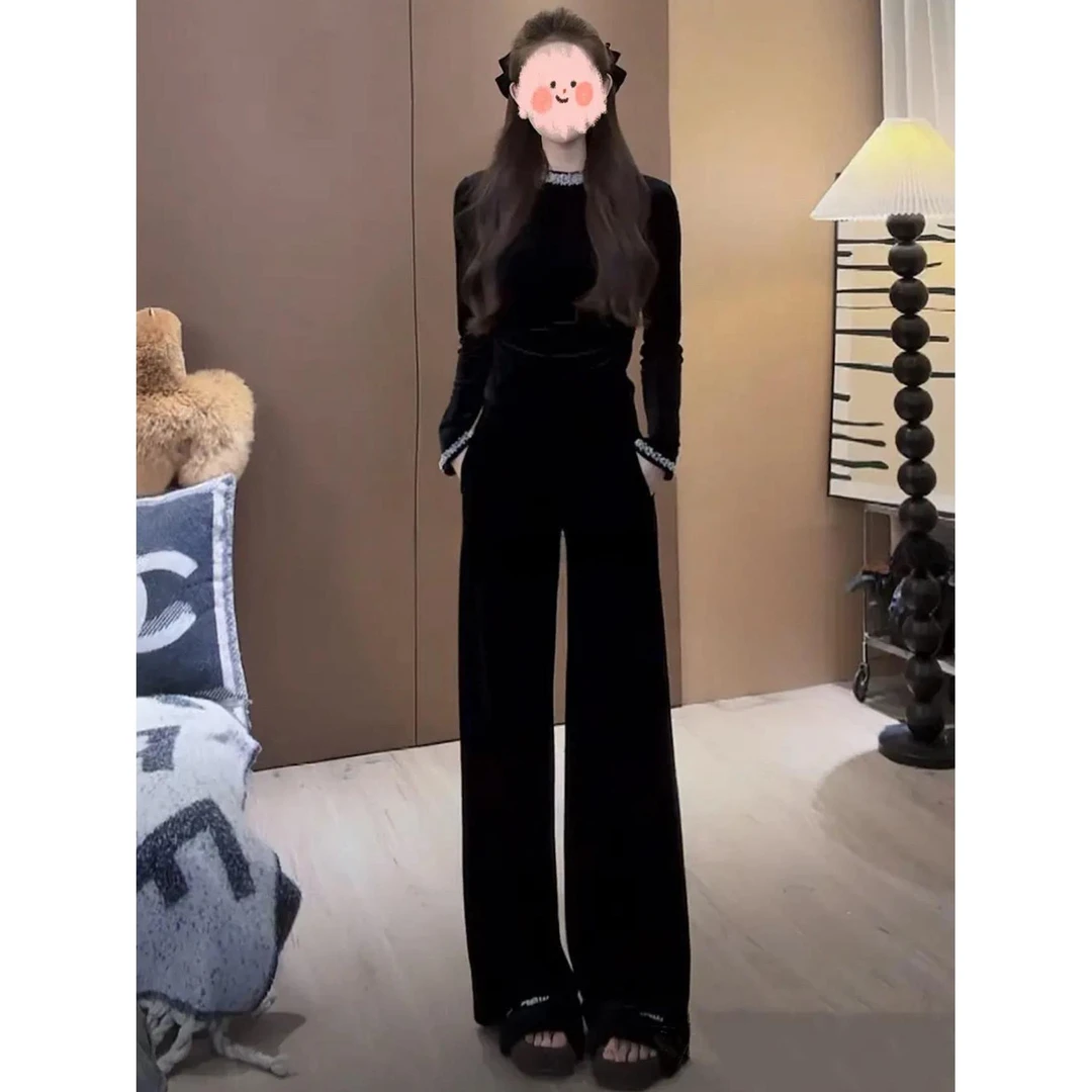 尤猫 百搭显瘦设计拼接珠花边气质丝绒上衣+丝绒长裤加绒加厚套装