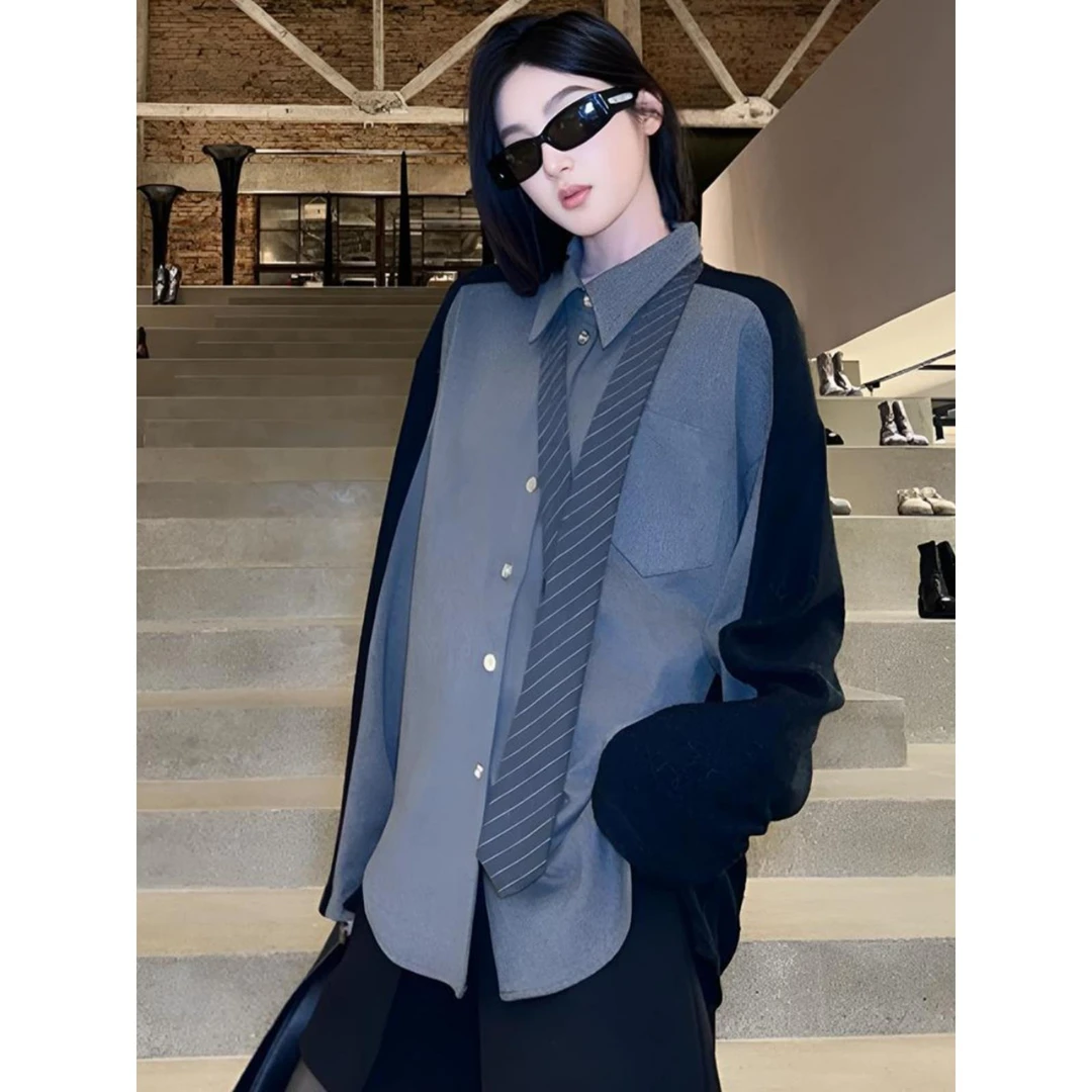 邓蕾【向往自由】秋冬百搭休闲宽松时尚拼接设计感韩版衬衫内搭叠穿