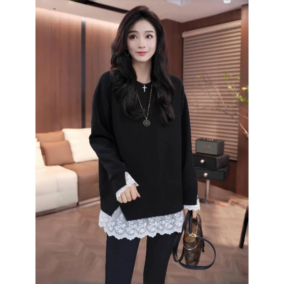 麦霓蕾丝恋新款假两件蕾丝拼接打底上衣女显瘦长袖百搭叠穿内搭女
