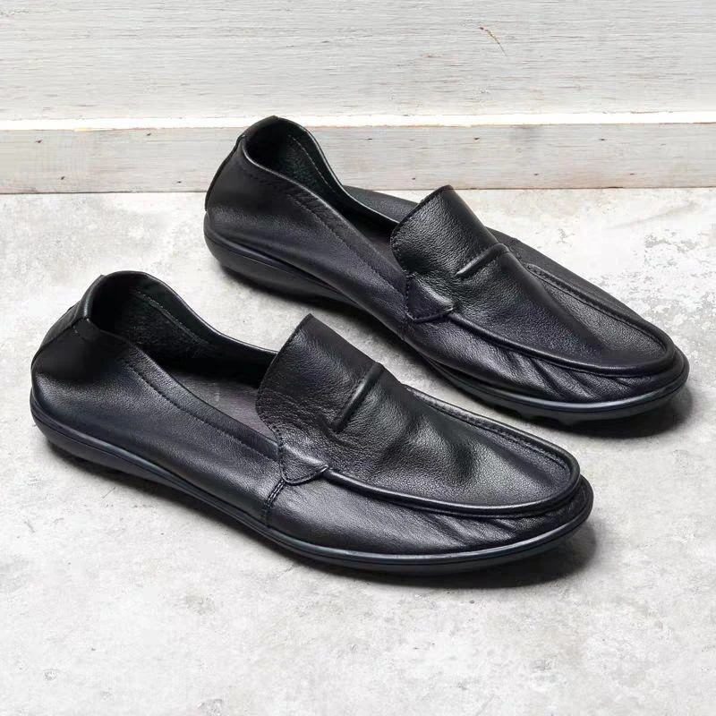 男款男士休闲百搭男头层牛皮商务透气男鞋男软面一脚蹬透气懒人鞋