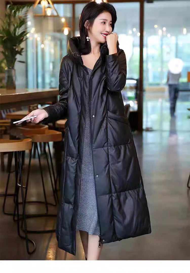 25款新冬季海宁真皮绵羊皮鹅绒服休闲女长款连帽时尚洋气外套加厚