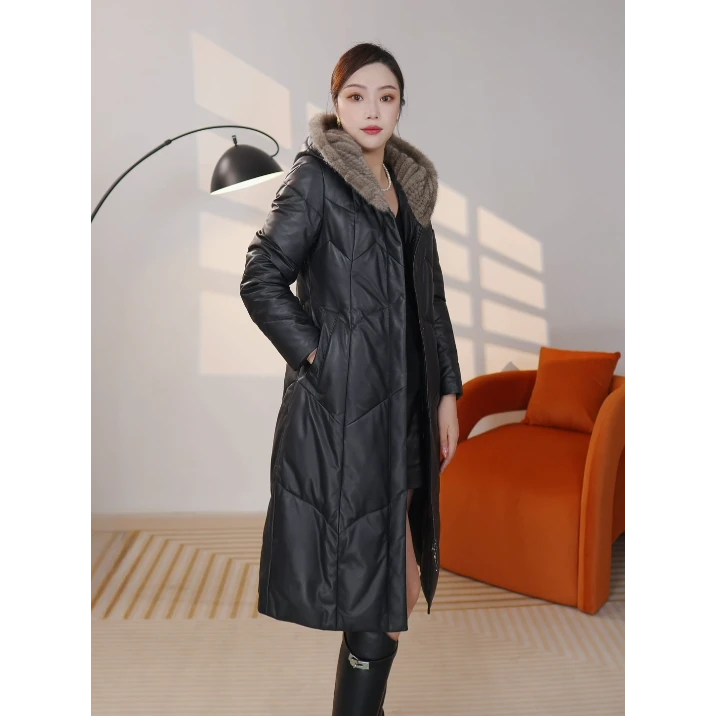 2024新款冬季海宁真皮鹅绒羽绒服休闲修身女中长款水貂帽子外套