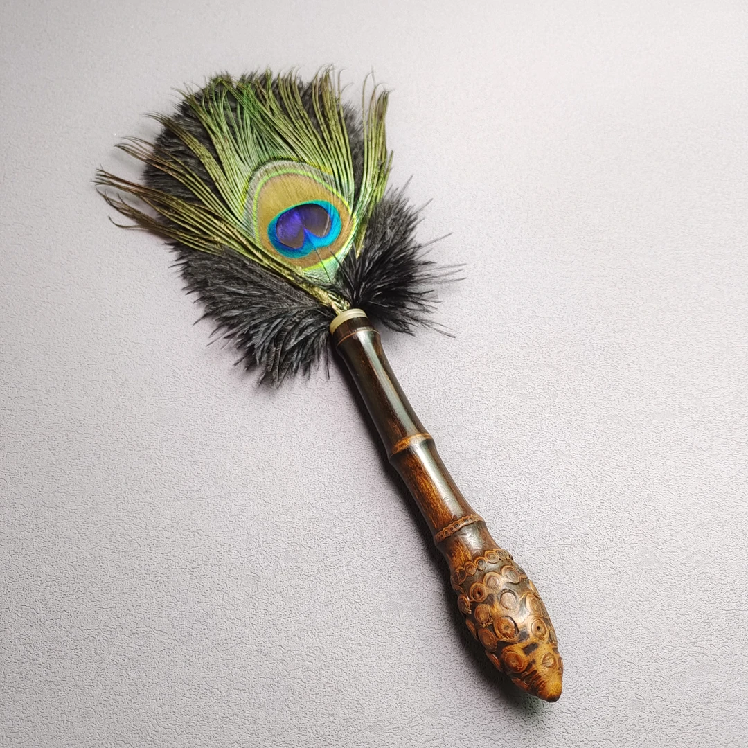 紫竹根孔雀毛鸵鸟毛佛尘把件