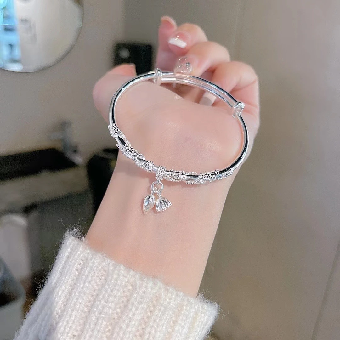 足银手镯 铃铛两世欢足银9999送女友闺蜜情人节可调节时尚银镯子
