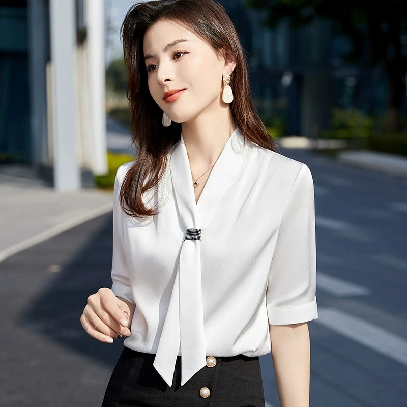 白衬衫女夏2023新款职业通勤OL工作服女神范气质飘带缎面醋酸衬衣