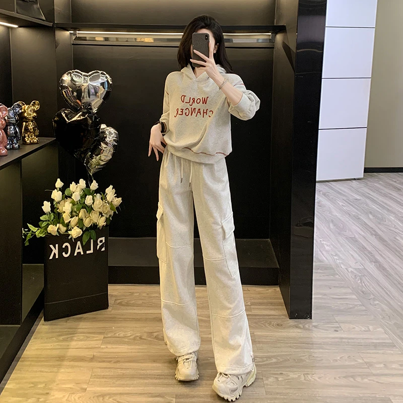 网红炸街秋冬2025新款韩版设计感连帽上衣阔腿裤休闲运动两件套潮