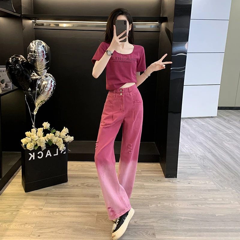 网红炸街爆款时尚套装女2025夏季新款字母短袖渐变色牛仔裤两件套