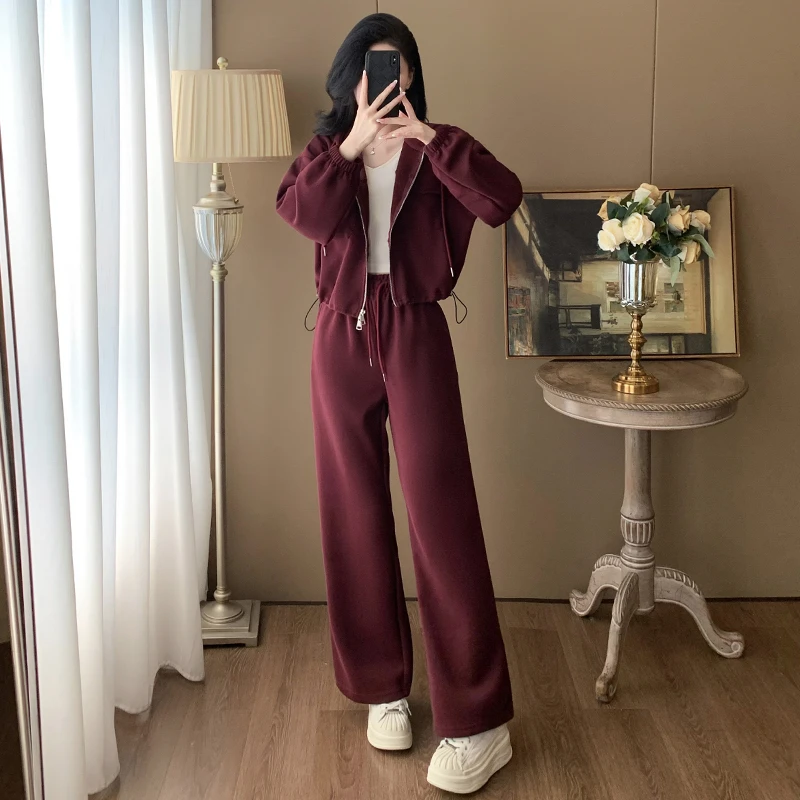 2025年秋冬新款韩版设计感连帽开衫上衣阔腿裤休闲运动两件套潮
