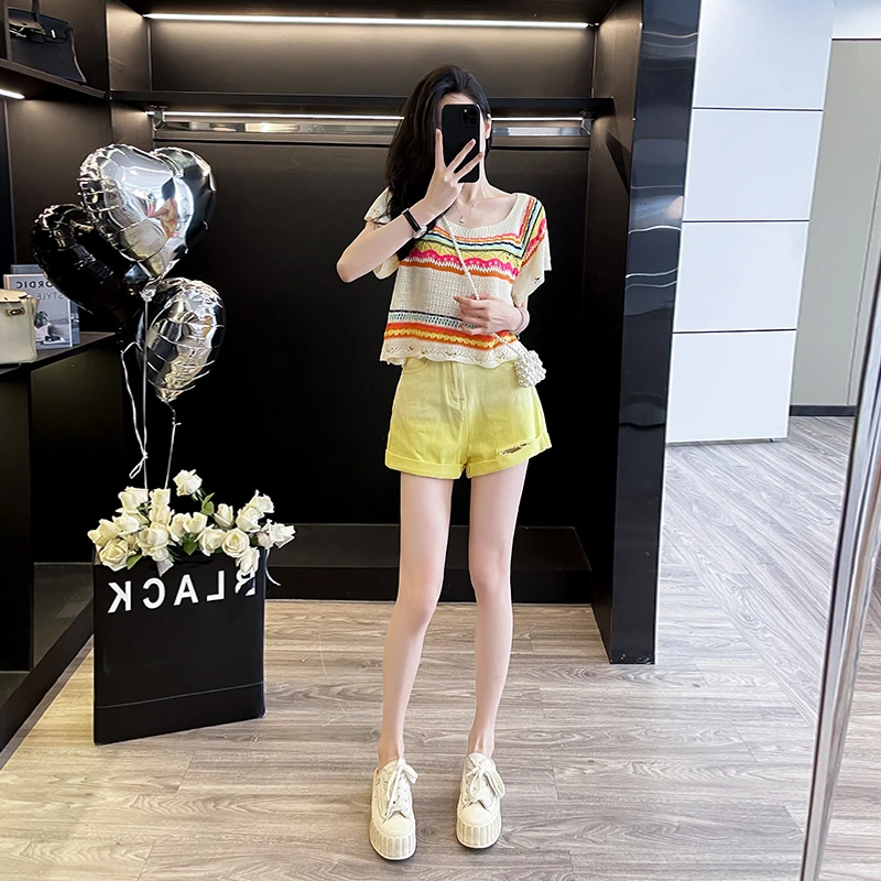 小个子夏季穿搭彩色短袖上衣黄色高腰牛仔短裤时尚减龄两件套潮