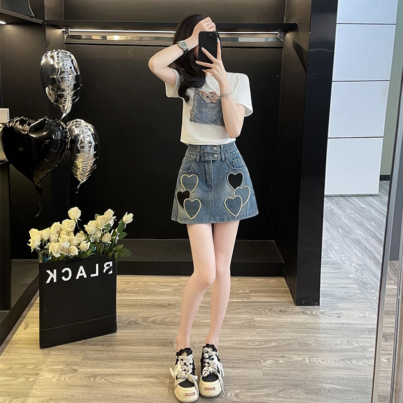 小个子夏季新款爆款白色短袖上衣高腰牛仔爱心短裙时尚套装潮