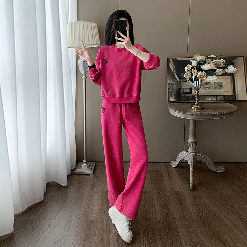 休闲运动套装女2025年春秋新款减龄气质玫红色上衣阔腿裤两件套潮