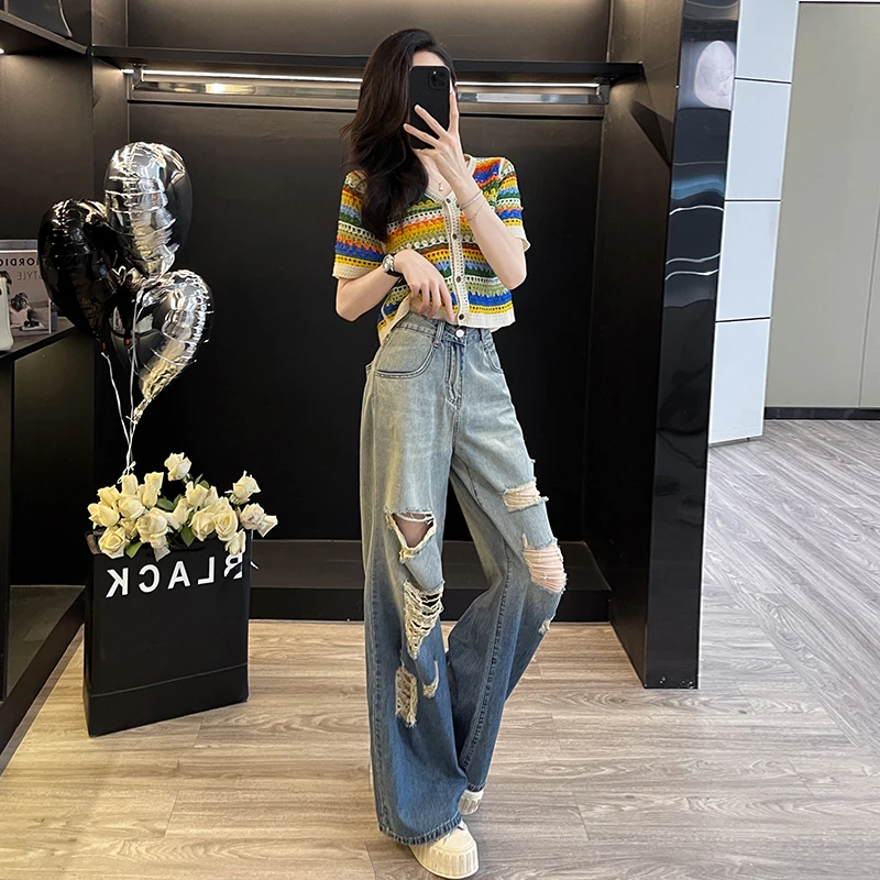 时尚减龄气质短袖针织衫高腰破洞牛仔裤两件套网红炸街爆款套装潮