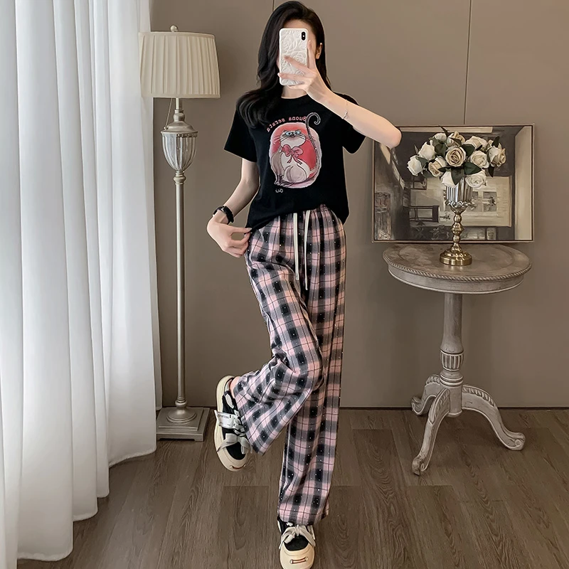 夏季新款爆款印花短袖上衣宽松格子裤时尚显瘦气质休闲两件套潮