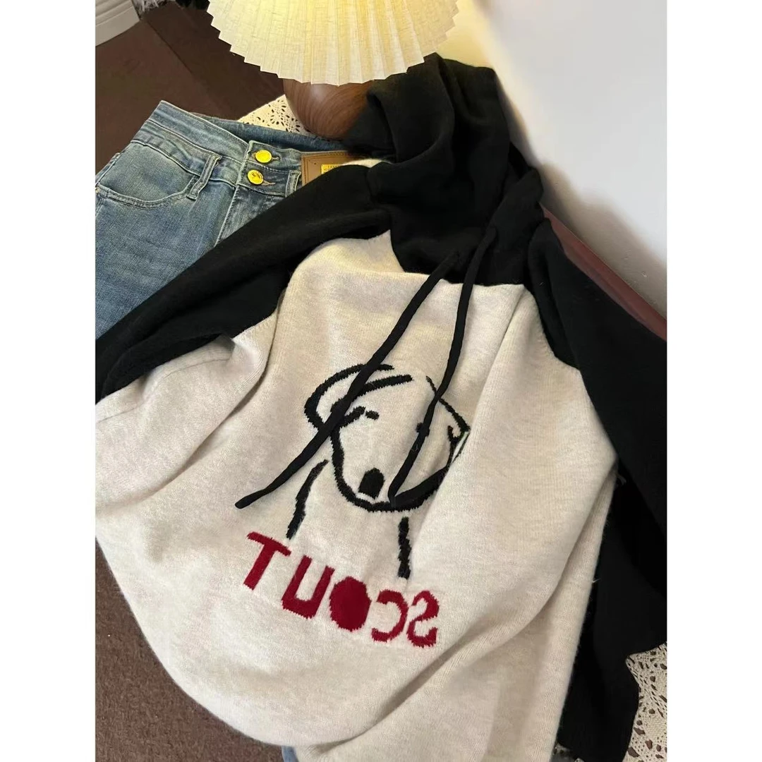 小狗帽衫新款羊毛套头开衫显瘦宽松百搭秋季长袖小众ins外套毛衣