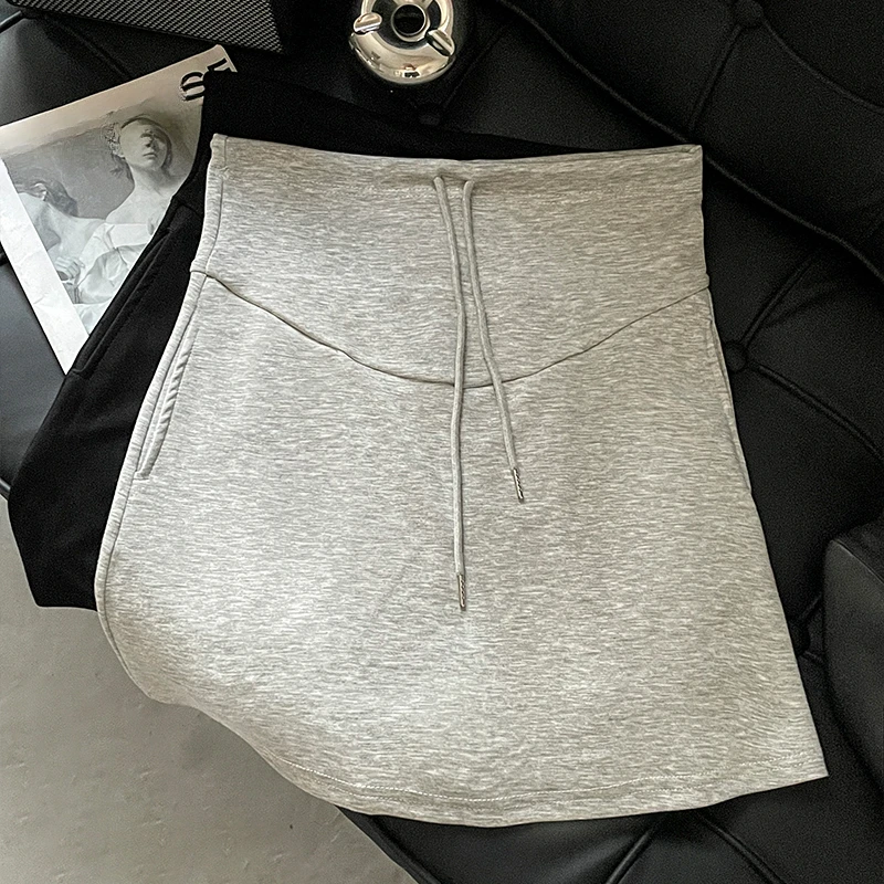 甜辣风孕妇抽绳短裙女夏春秋季小个子百搭灰色包臀A字托腹半身裙